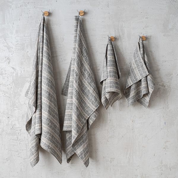 linenme Set of Black Natural Linen Bath Towels Multistripe
