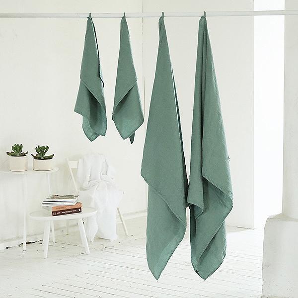 Linenme Spa Green Linen Bath And Hand Towels Set Washed Waffle