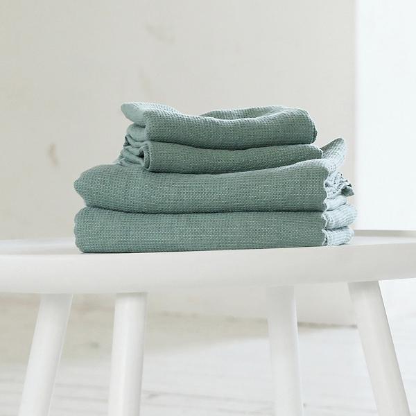 Linenme Spa Green Linen Bath And Hand Towels Set Washed Waffle