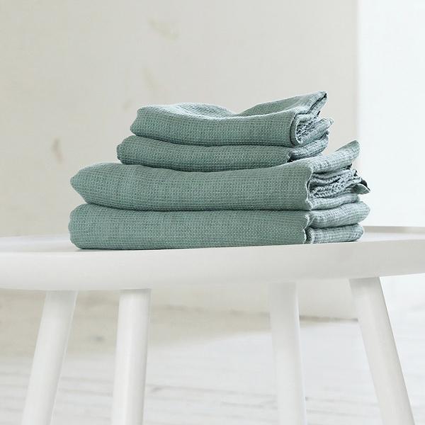 Linenme Spa Green Linen Bath And Hand Towels Set Washed Waffle