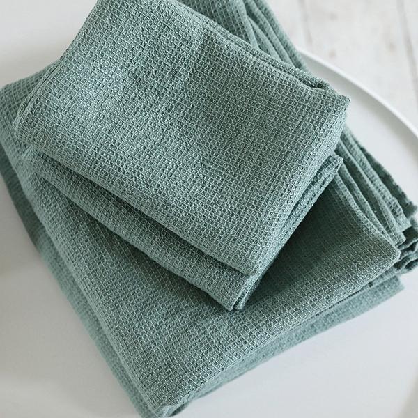 linenme Spa Green Linen Bath and Hand Towels Set Washed Waffle