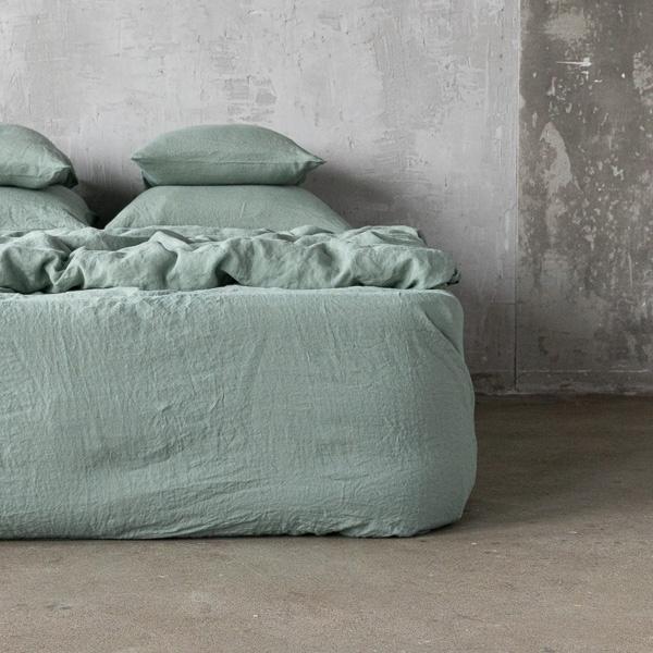 Linenme Spa Green Linen Deep Fitted Sheet Stone Washed