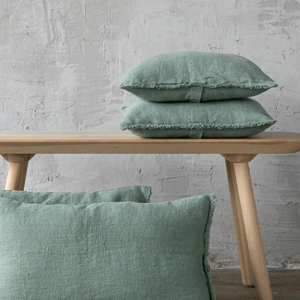 Linenme Spa Green Rustic Linen Cushion Cover With Fringes