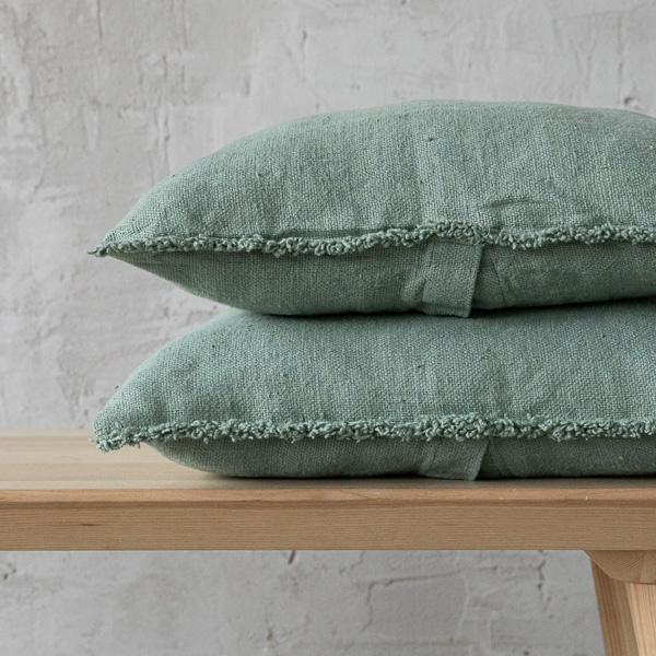 Linenme Spa Green Rustic Linen Cushion Cover With Fringes