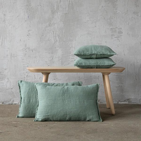 linenme Spa Green Rustic Linen Cushion Cover with Fringes