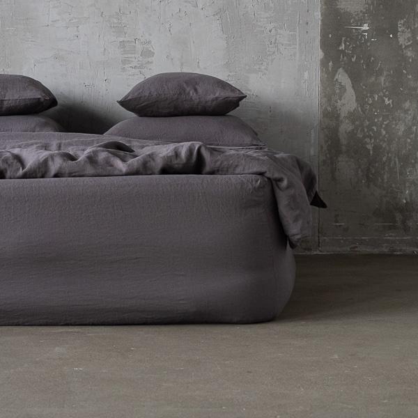 linenme Steel Grey Linen Deep Fitted Sheet Stone Washed