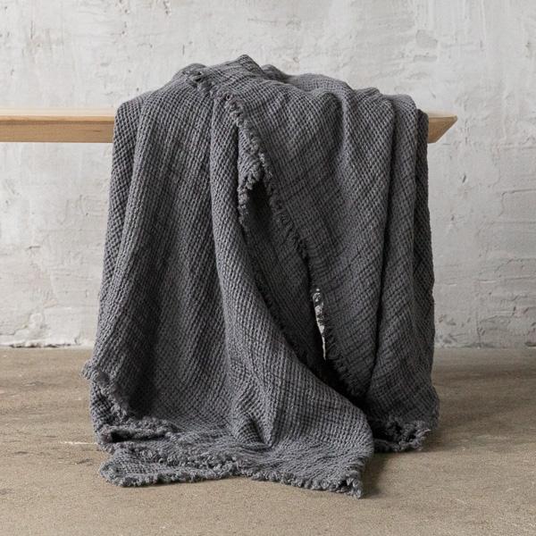 linenme Steel Grey Linen Throw With Fringes Washed Waffle