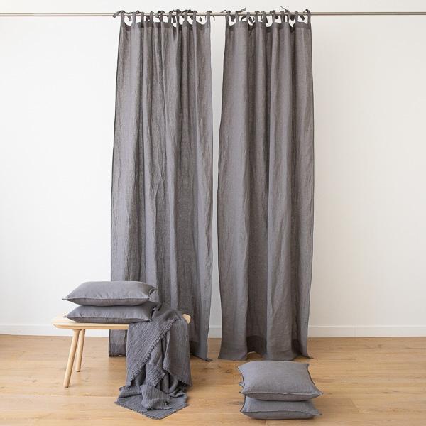 Linenme Steel Grey Stone Washed Linen Curtain Panel With Ties