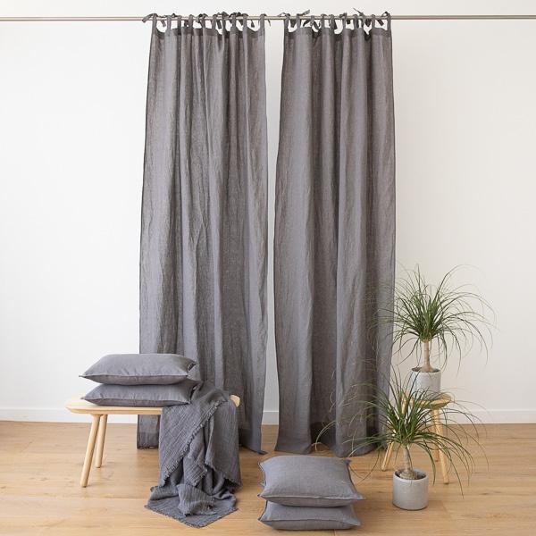 linenme Steel Grey Stone Washed Linen Curtain Panel with Ties