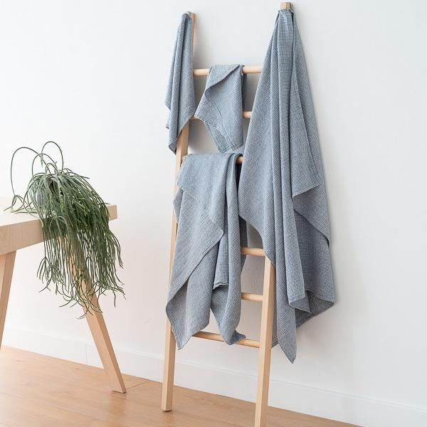 Linenme Stone Blue Linen Cotton Bath Towels Set Wafer Washed