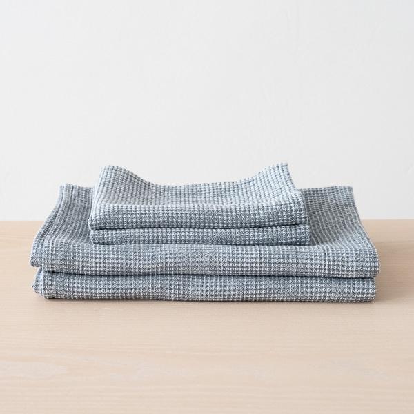 Linenme Stone Blue Linen Cotton Bath Towels Set Wafer Washed