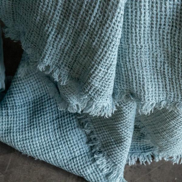 Linenme Stone Blue Linen Throw Washed Waffle Big Fringe