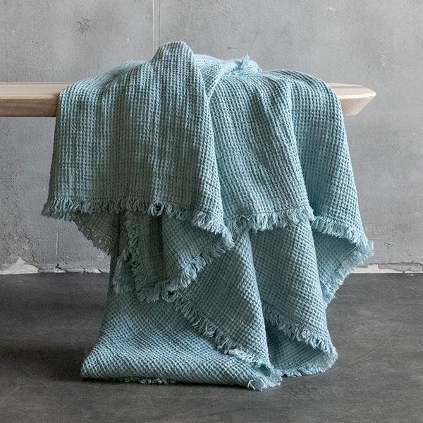linenme Stone Blue Linen Throw Washed Waffle Big Fringe
