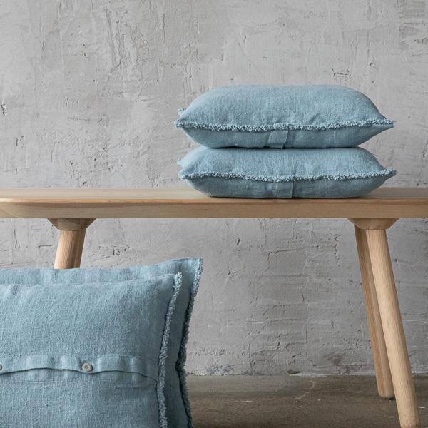 Linenme Stone Blue Rustic Linen Cushion Cover With Fringes
