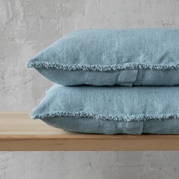 Linenme Stone Blue Rustic Linen Cushion Cover With Fringes