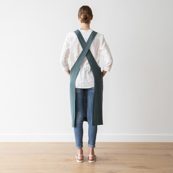 Linenme Stone Washed Linen Back Cross Apron Balsam Green