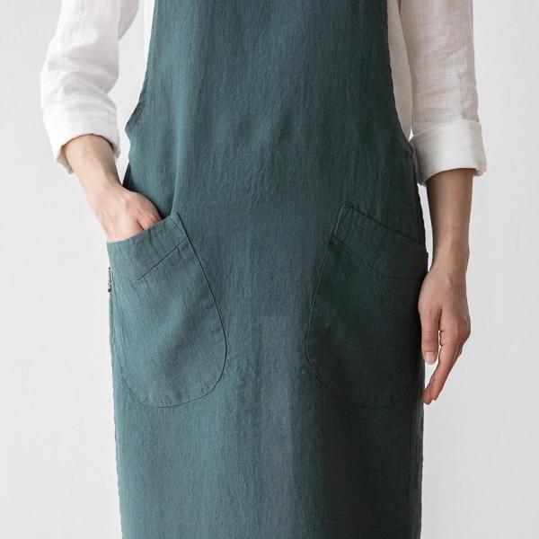 Linenme Stone Washed Linen Back Cross Apron Balsam Green