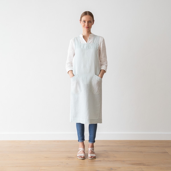 linenme Stone Washed Linen Back Cross Apron Ice blue