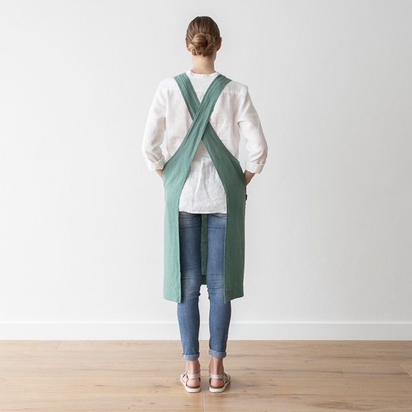 Linenme Stone Washed Linen Back Cross Apron Moss Green