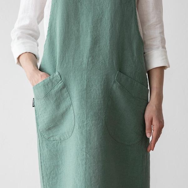 Linenme Stone Washed Linen Back Cross Apron Moss Green