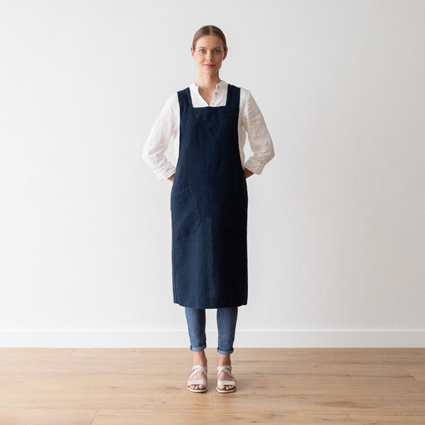 Linenme Stone Washed Linen Back Cross Apron Navy Blue
