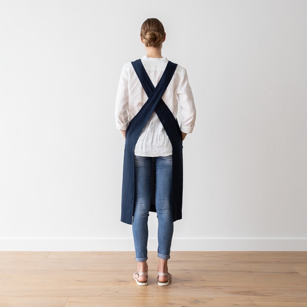 Linenme Stone Washed Linen Back Cross Apron Navy Blue