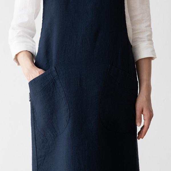 Linenme Stone Washed Linen Back Cross Apron Navy Blue