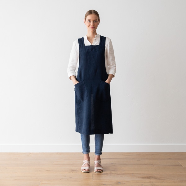 linenme Stone Washed Linen Back Cross Apron Navy Blue