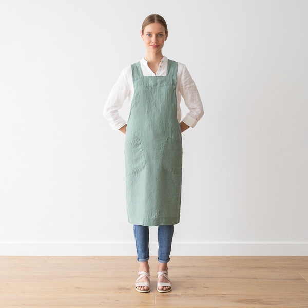 Linenme Stone Washed Linen Back Cross Apron Spa Green
