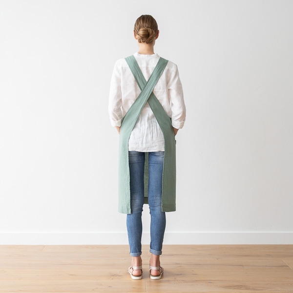Linenme Stone Washed Linen Back Cross Apron Spa Green