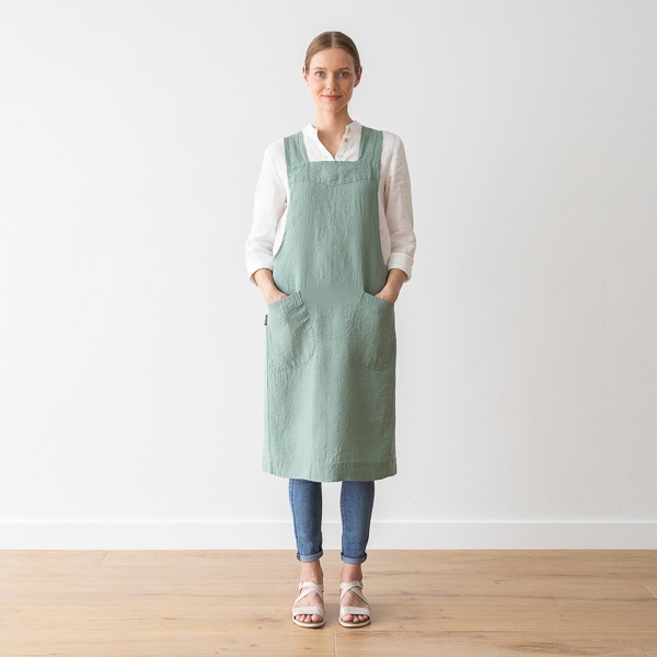 linenme Stone Washed Linen Back Cross Apron Spa Green