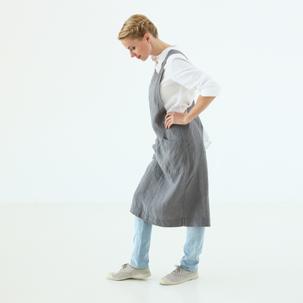 Linenme Stone Washed Linen Back Cross Apron Steel Grey
