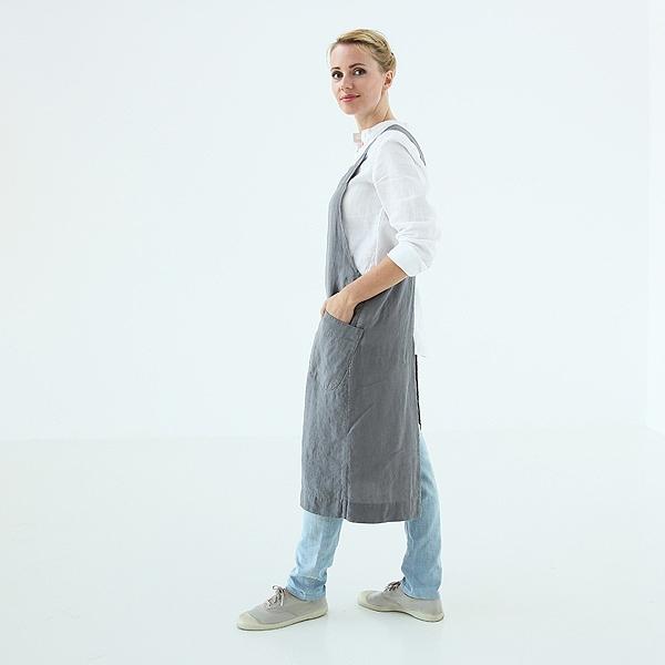 Linenme Stone Washed Linen Back Cross Apron Steel Grey