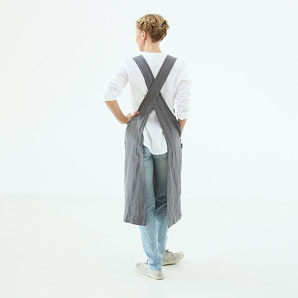 Linenme Stone Washed Linen Back Cross Apron Steel Grey