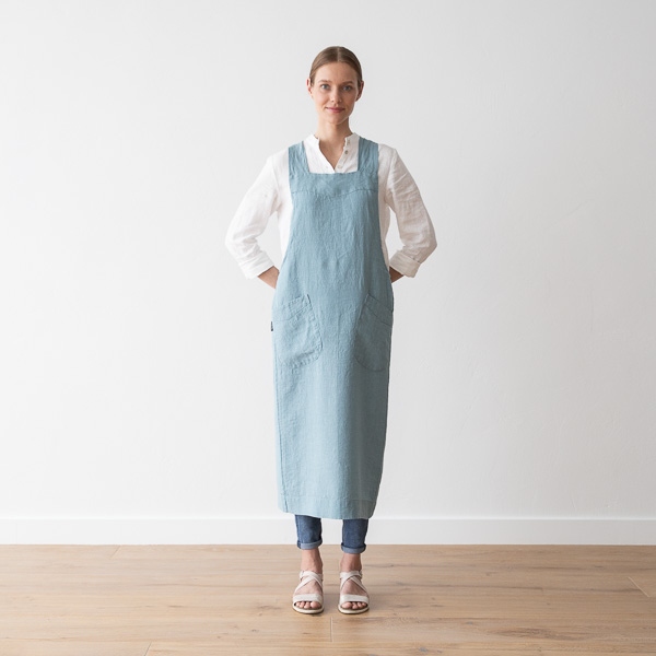 Linenme Stone Washed Linen Back Cross Apron Stone Blue