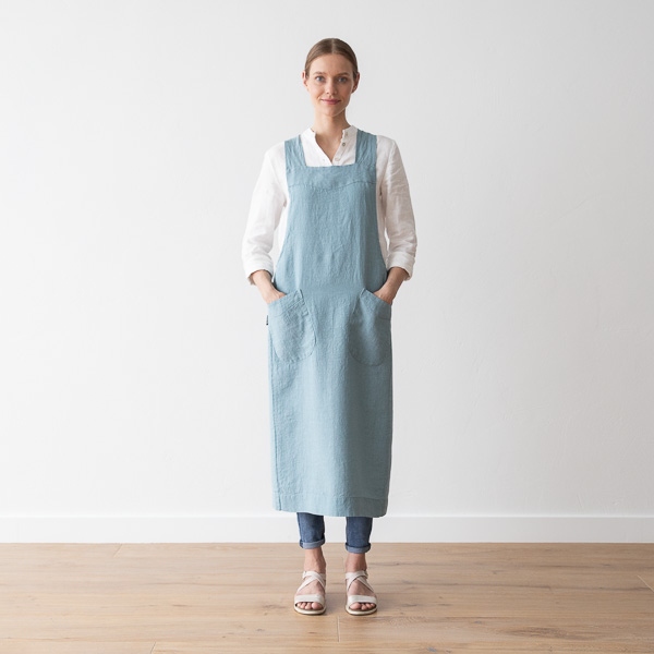 linenme Stone Washed Linen Back Cross Apron Stone Blue