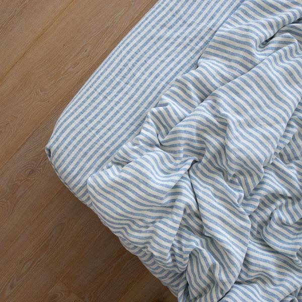 Linenme Washed Bed Linen Fitted Sheet Ticking Stripe Blue