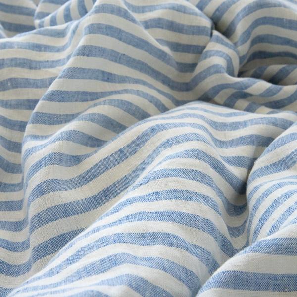 Linenme Washed Bed Linen Fitted Sheet Ticking Stripe Blue