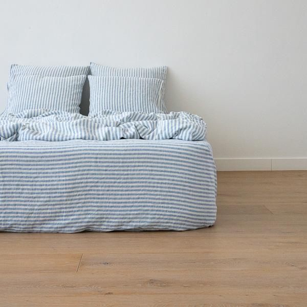 linenme Washed Bed Linen Fitted Sheet Ticking Stripe Blue