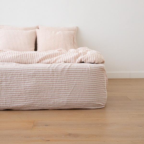 linenme Washed Bed Linen Fitted Sheet Ticking Stripe Rosa