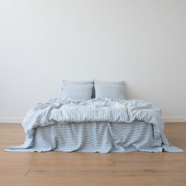 Linenme Washed Bed Linen Flat Sheet Ticking Stripe Blue