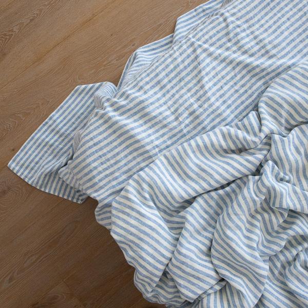 Linenme Washed Bed Linen Flat Sheet Ticking Stripe Blue