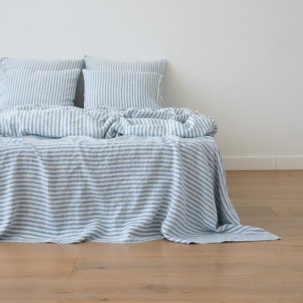 linenme Washed Bed Linen Flat Sheet Ticking Stripe Blue