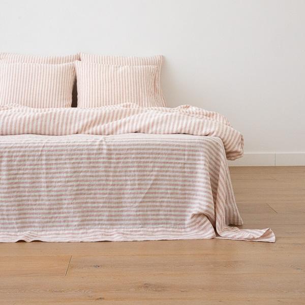 linenme Washed Bed Linen Flat Sheet Ticking Stripe Rosa