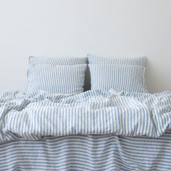 Linenme Washed Bed Linen Pillow Case Ticking Stripe Blue