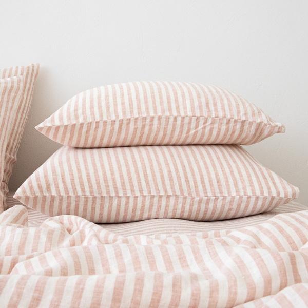 Linenme Washed Bed Linen Pillow Case Ticking Stripe Rosa