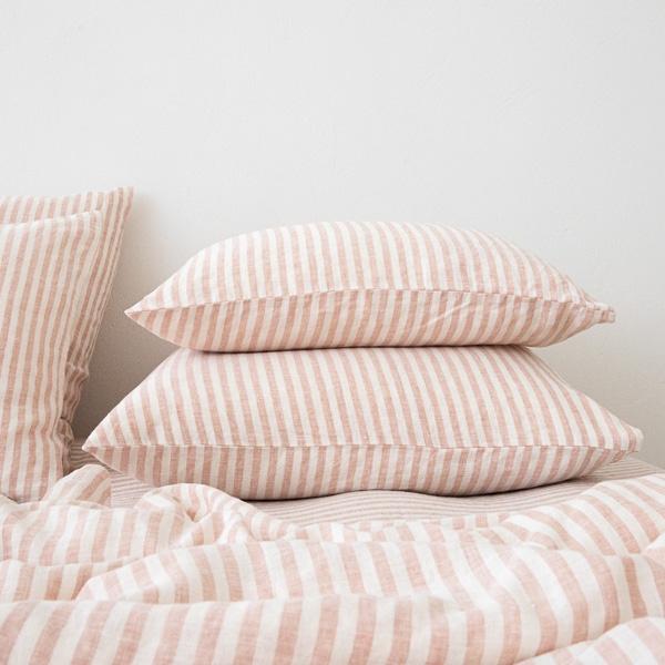 linenme Washed Bed Linen Pillow Case Ticking Stripe Rosa