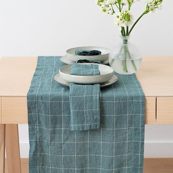 Linenme Washed Linen Runner Arctic White Window Pane