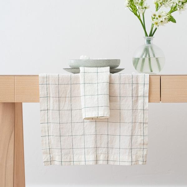 linenme Washed Linen Runner White Arctic Window Pane