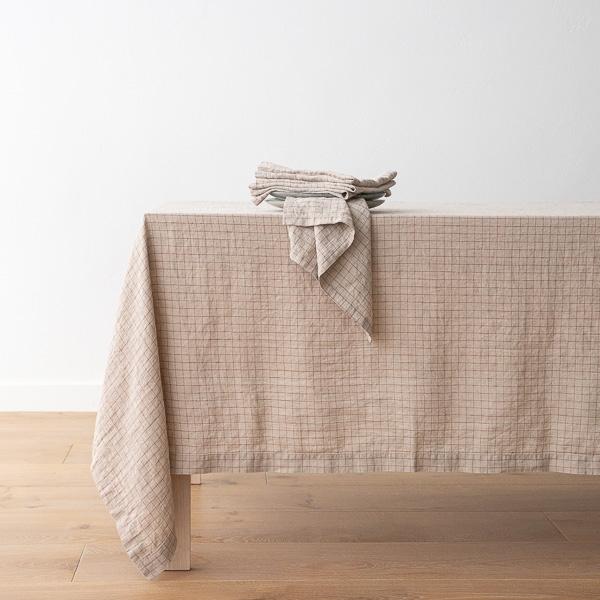 Linenme Washed Linen Tablecloth Natural Brick Check